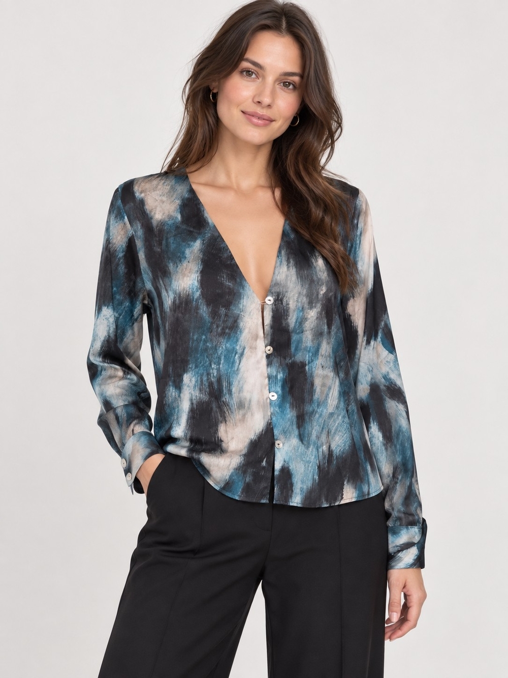 Zara Abstract Brushstroke Satin Button Front Blouse Size Small